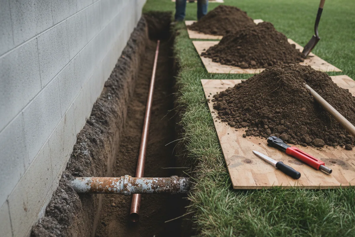 Excavated water line trench during Water Softener Installation in Mayfield